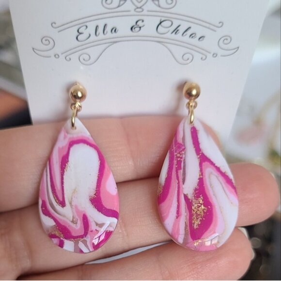 Boho Pink White Agate Gemstone Gold Ball Stud Drop Dangle Teardrop Earrings - Picture 5 of 7